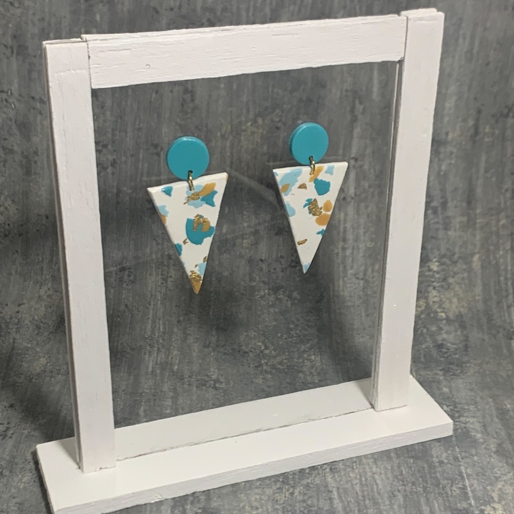 White and Turquoise Handcrafted Clay Earrings with Gold Foil Pieces